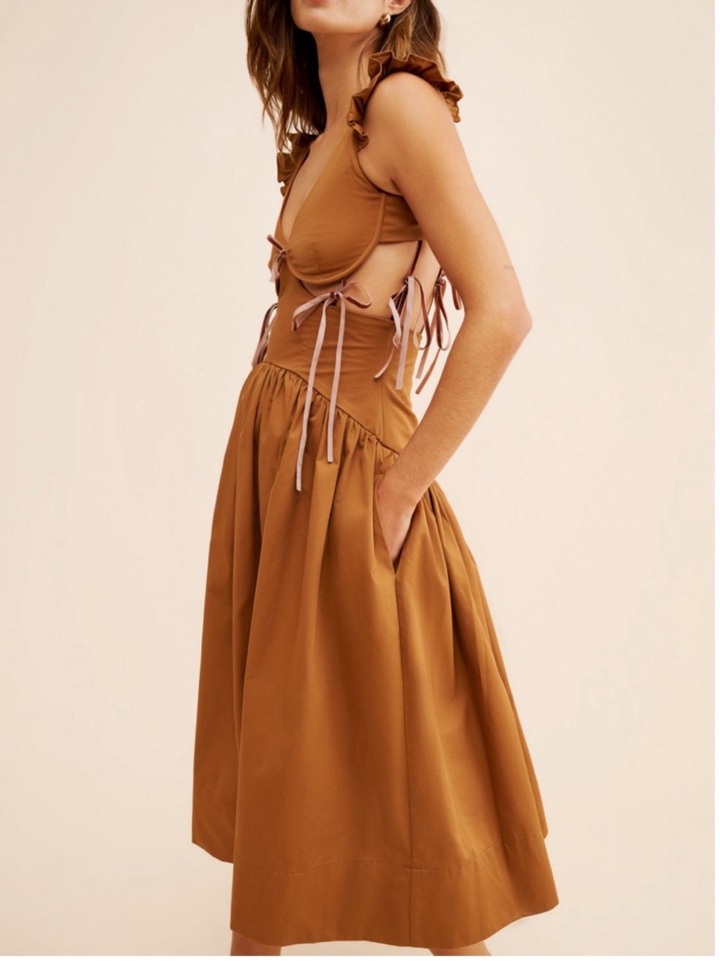 Allinaliu Brown Sleeveless Midi Dress With Tie-Side Details And Corset